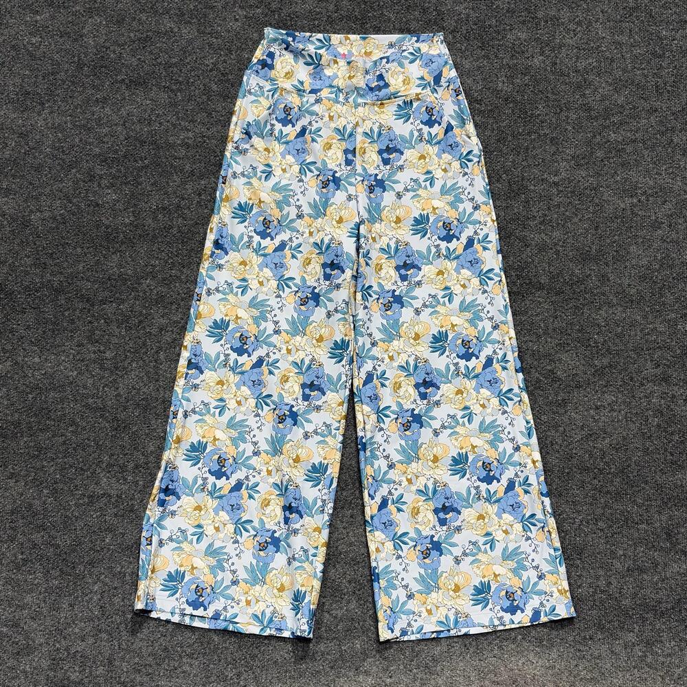 KiraGrace Sweatpants Womens Small Blue Multicolor Floral High Rise Wide Leg Yoga